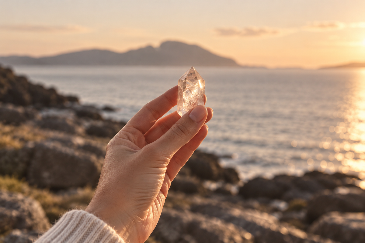 A hand holding clear quartz beside the sea